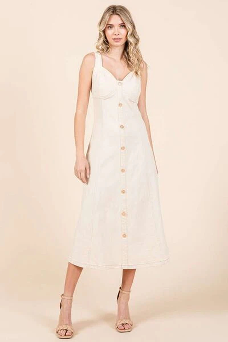 Elegant Stretch Twill Midi Dress by Mittoshop – Sleeveless with Button Detail