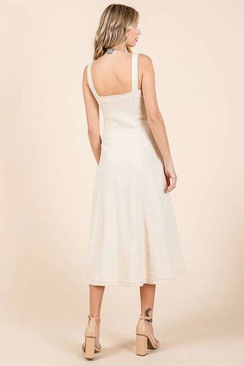 Elegant Stretch Twill Midi Dress by Mittoshop – Sleeveless with Button Detail
