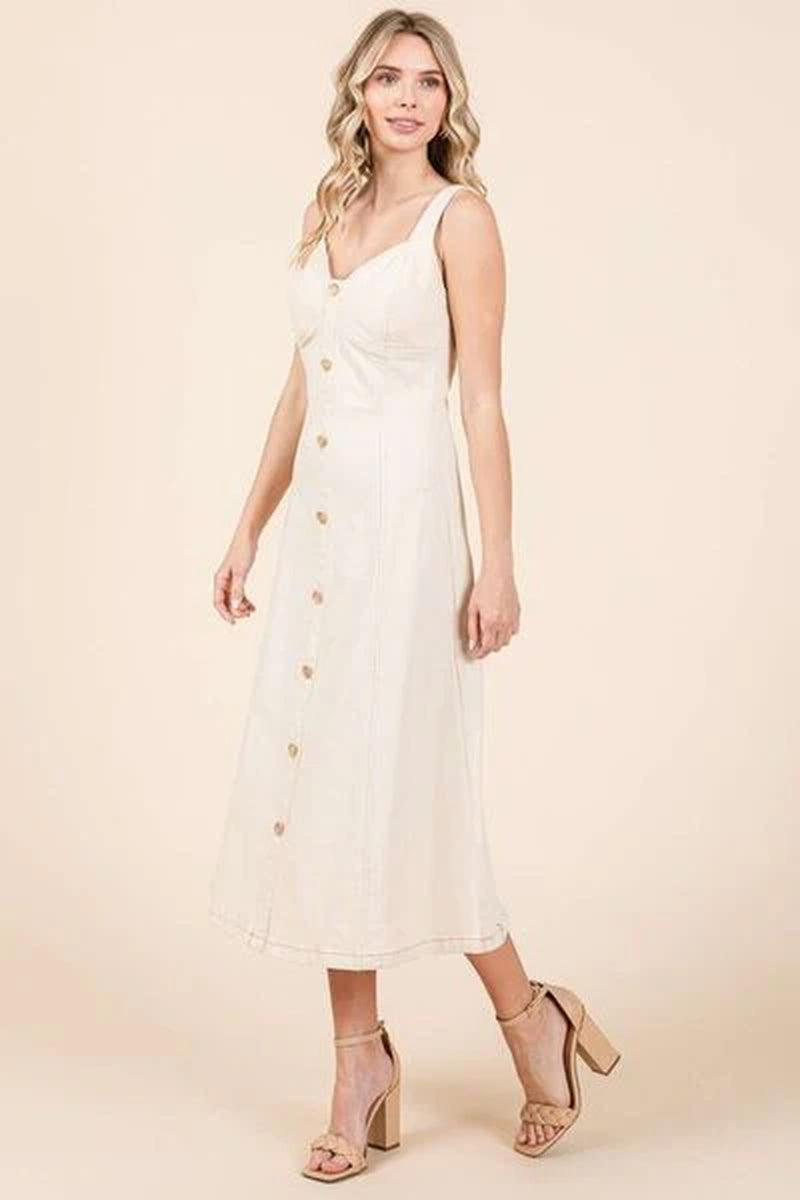Elegant Stretch Twill Midi Dress by Mittoshop – Sleeveless with Button Detail