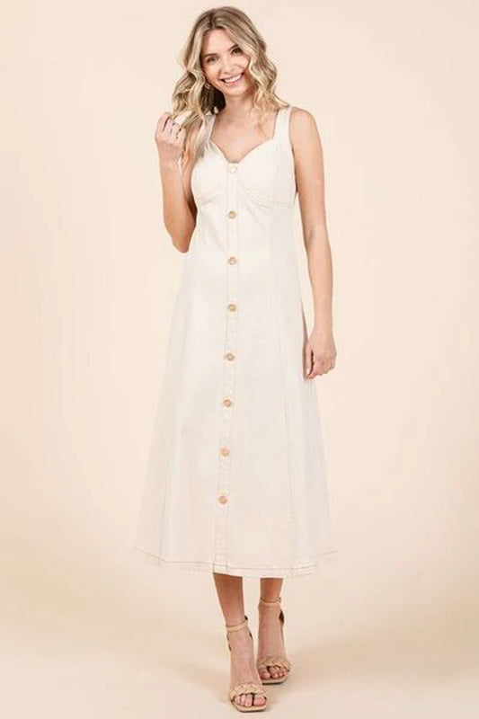 Elegant Stretch Twill Midi Dress by Mittoshop – Sleeveless with Button Detail